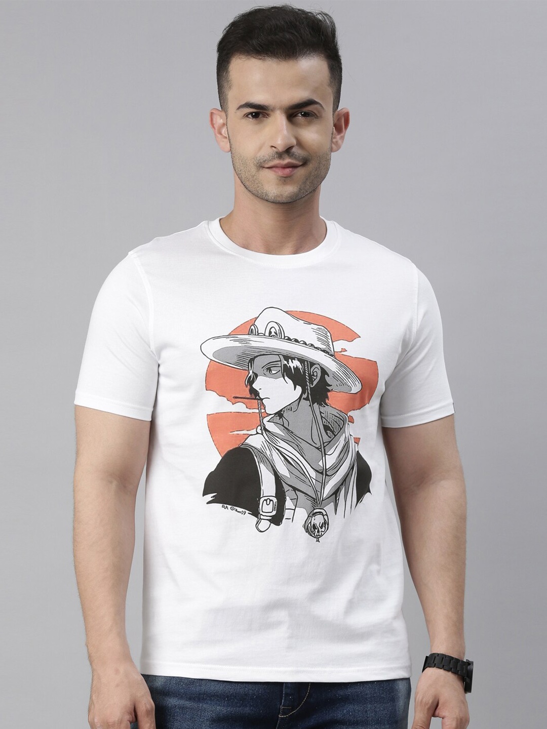 

Bushirt Men White Printed Cotton one piece Anime T-shirt