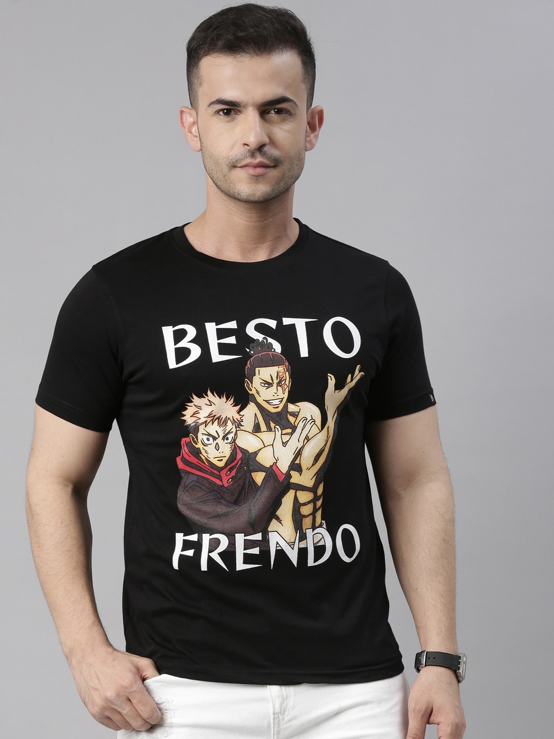

Bushirt Men Black Cotton Typography Printed Applique Anime T-shirt