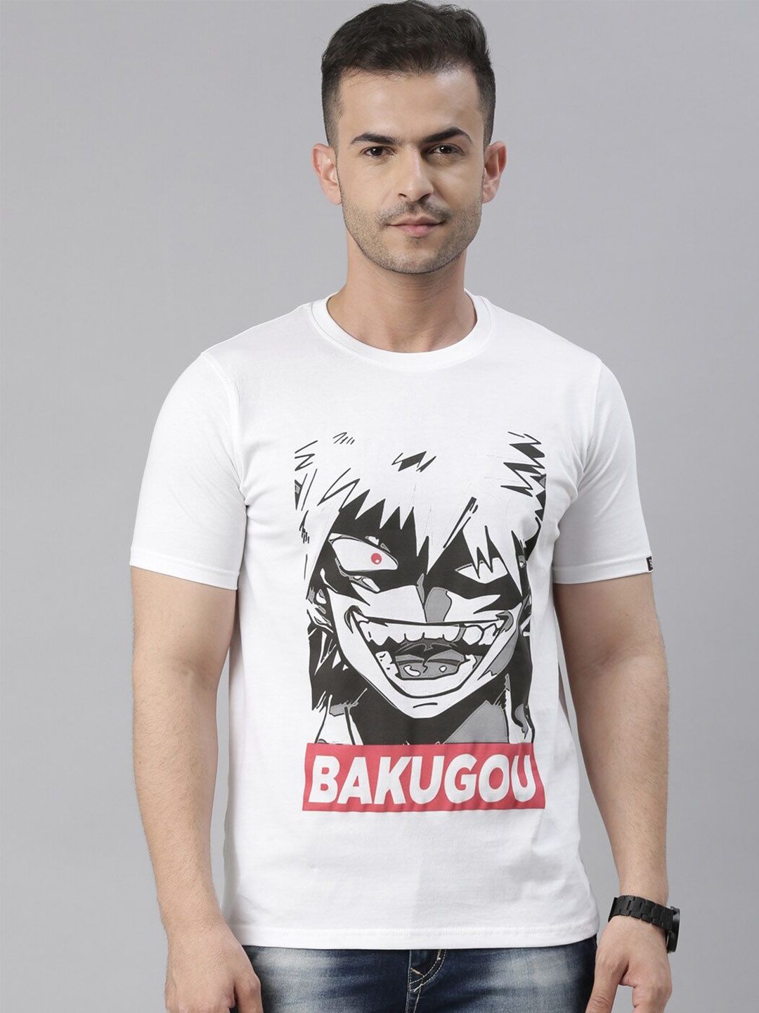 

Bushirt Men White Cotton Printed Applique Anime T-shirt