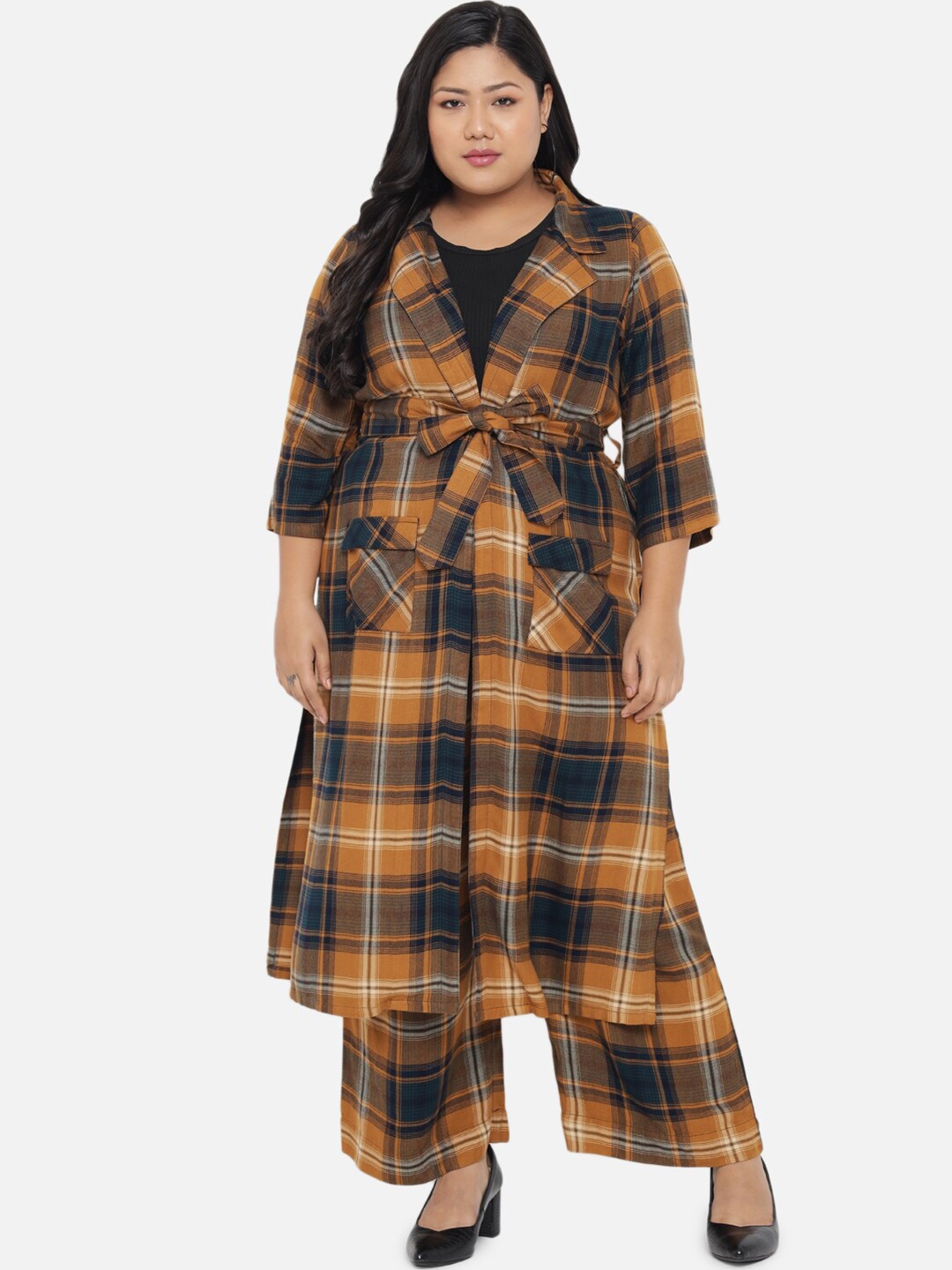 

Amydus Plus Size Women Yellow & Blue Checked Longline Tie-Up Shrug