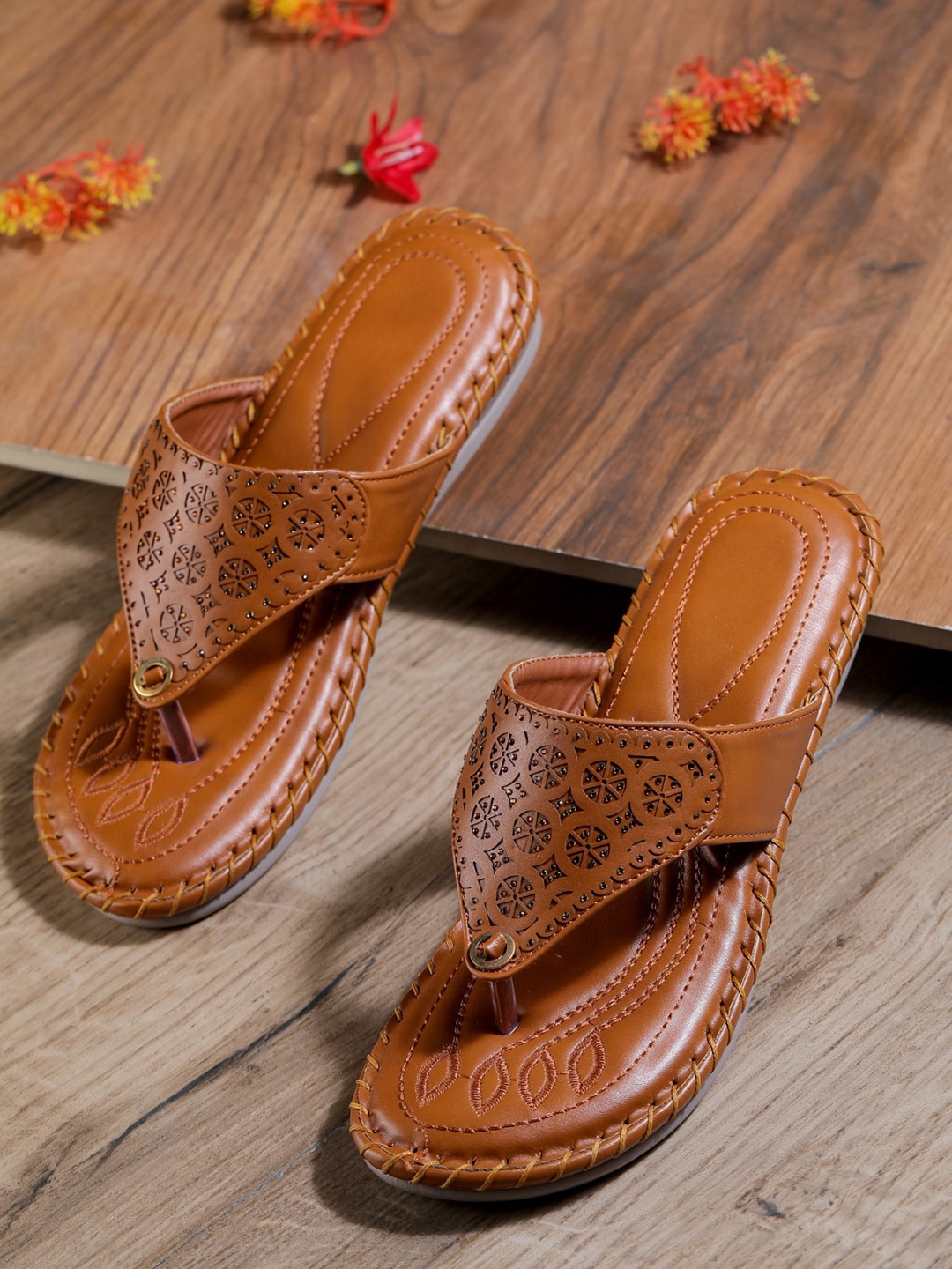 

Myra Brown Embellished Wedge Sandals With Cut Work