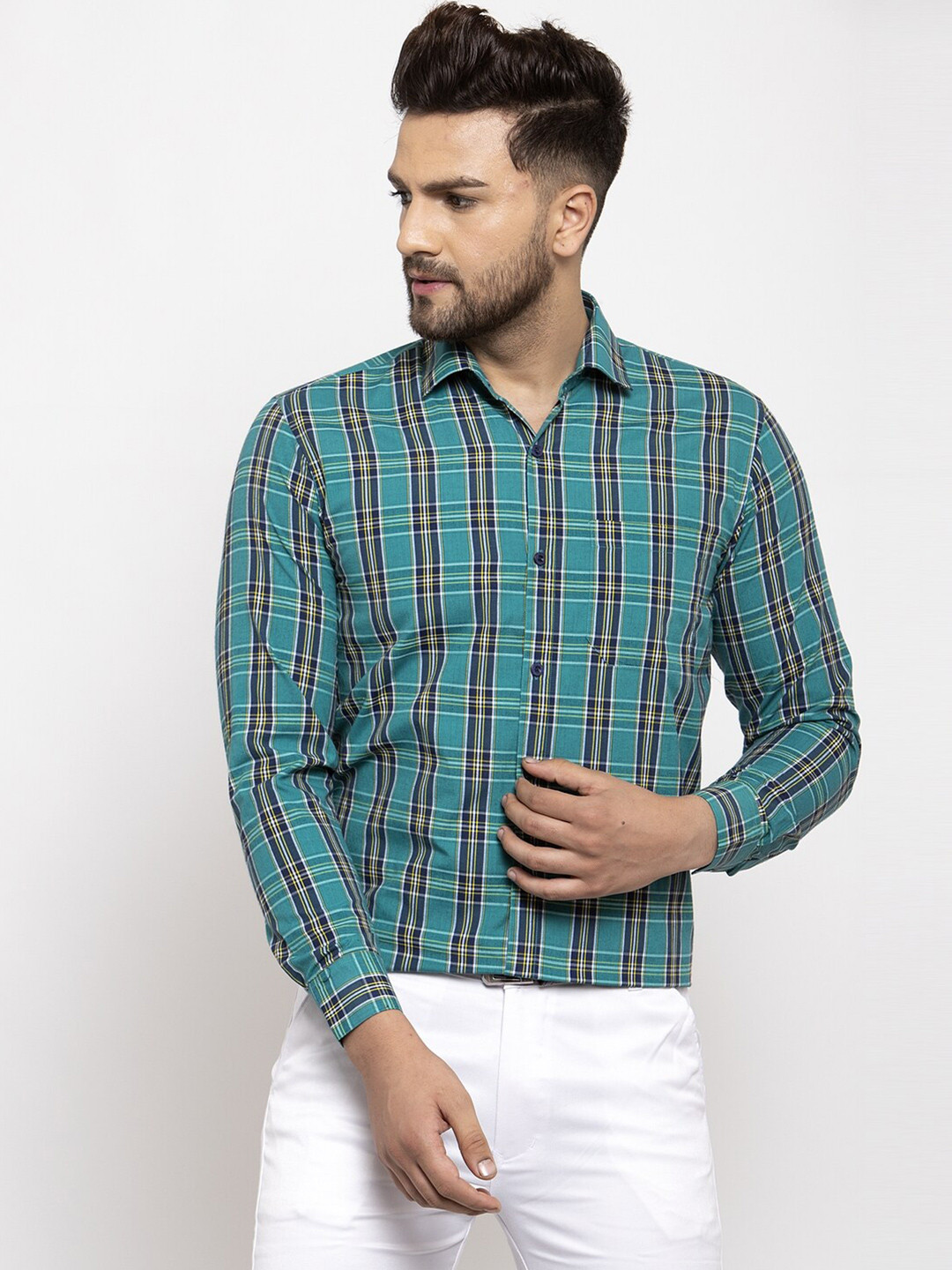 

JAINISH Men Cotton Green Comfort Tartan Checks Checked Formal Shirt