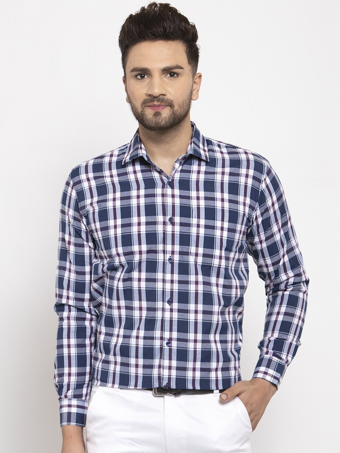 

JAINISH Men Cotton Navy Blue Comfort Tartan Checks Checked Formal Shirt
