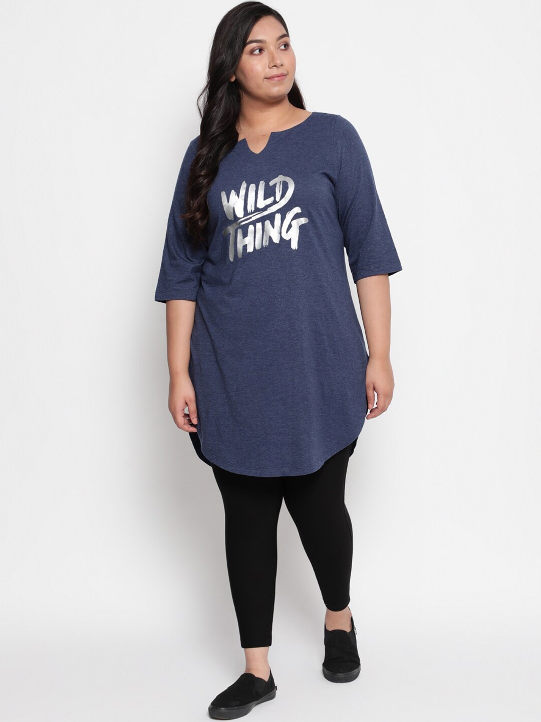 

Amydus Plus Size Blue & White Cotton Typography Printed Round Neck Tunic