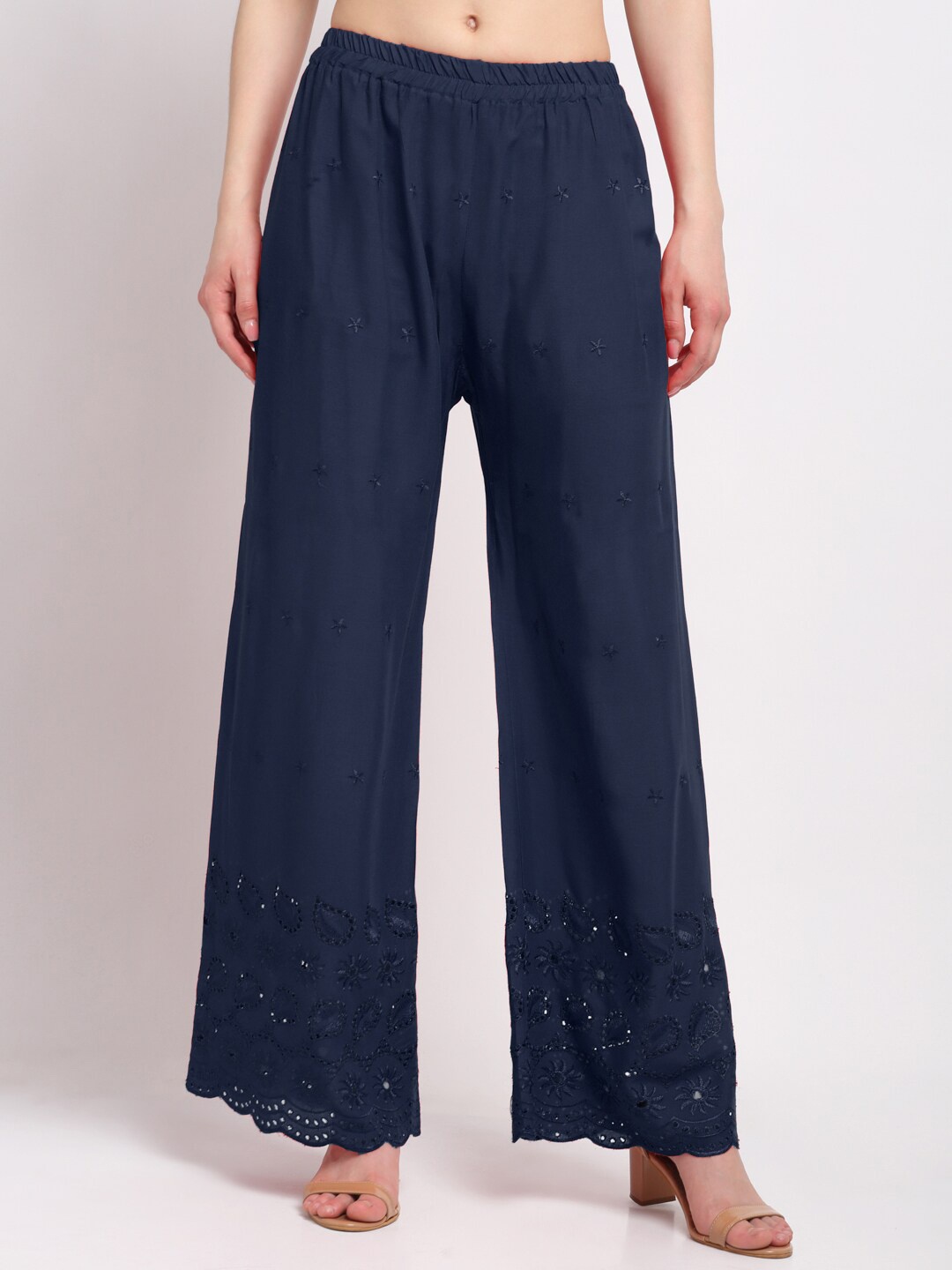 KLOTTHE Women Navy Blue Self Design Embroidered Palazzos