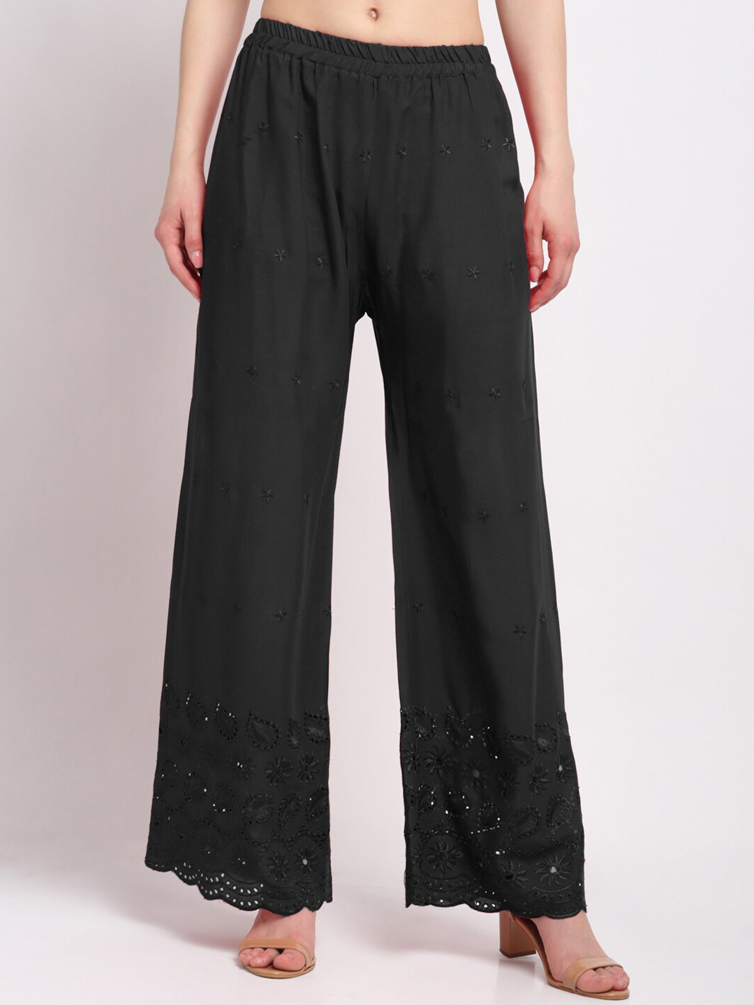 

KLOTTHE Women Black Embroidered Wide Leg Palazzos