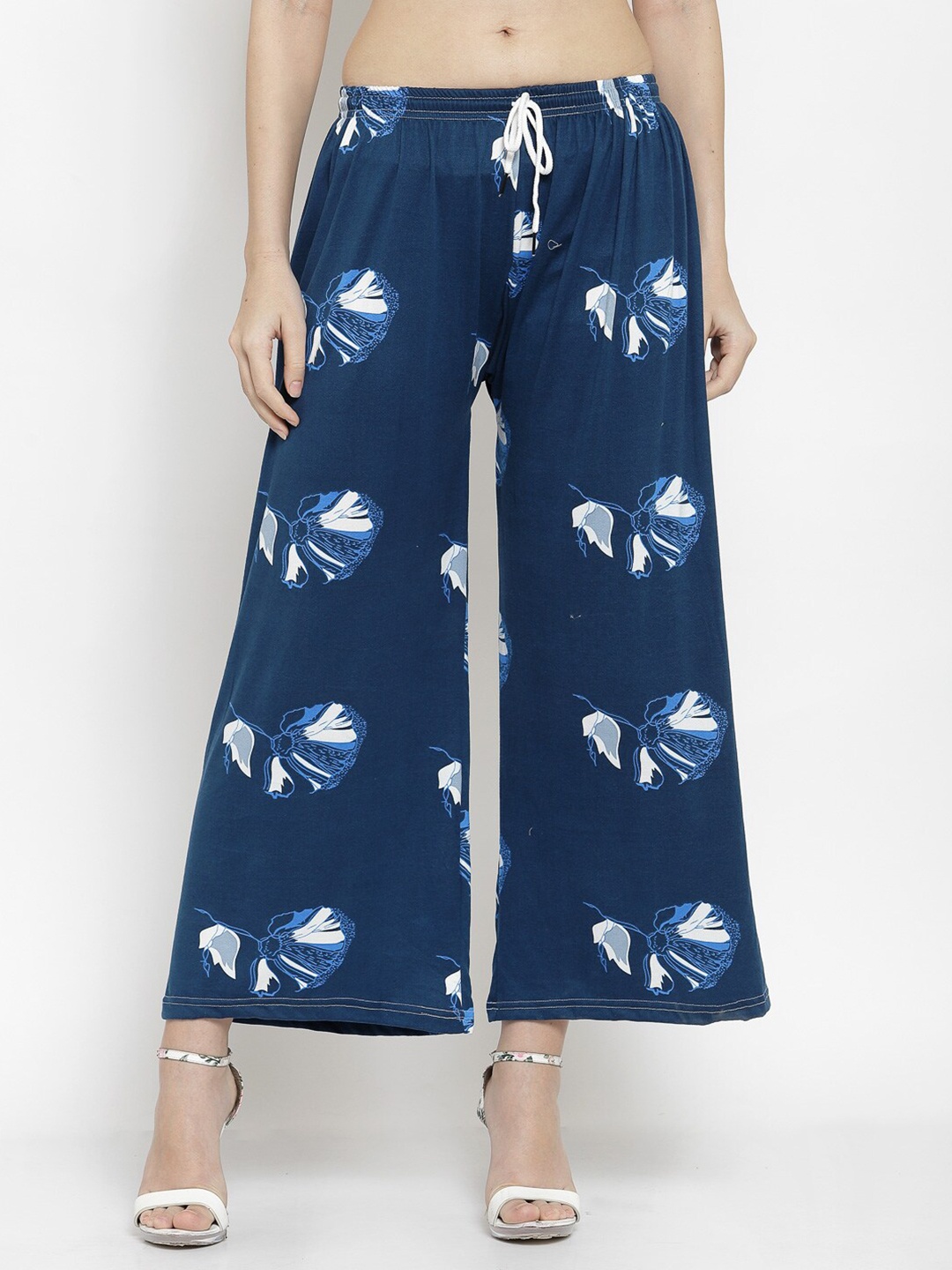 

KLOTTHE Women Blue & White Floral Printed Wide Leg Palazzos