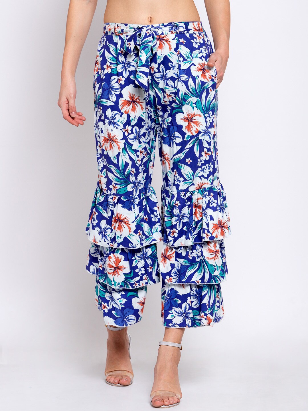 KLOTTHE Women Blue & Green Floral Printed Cropped Ethnic Palazzos