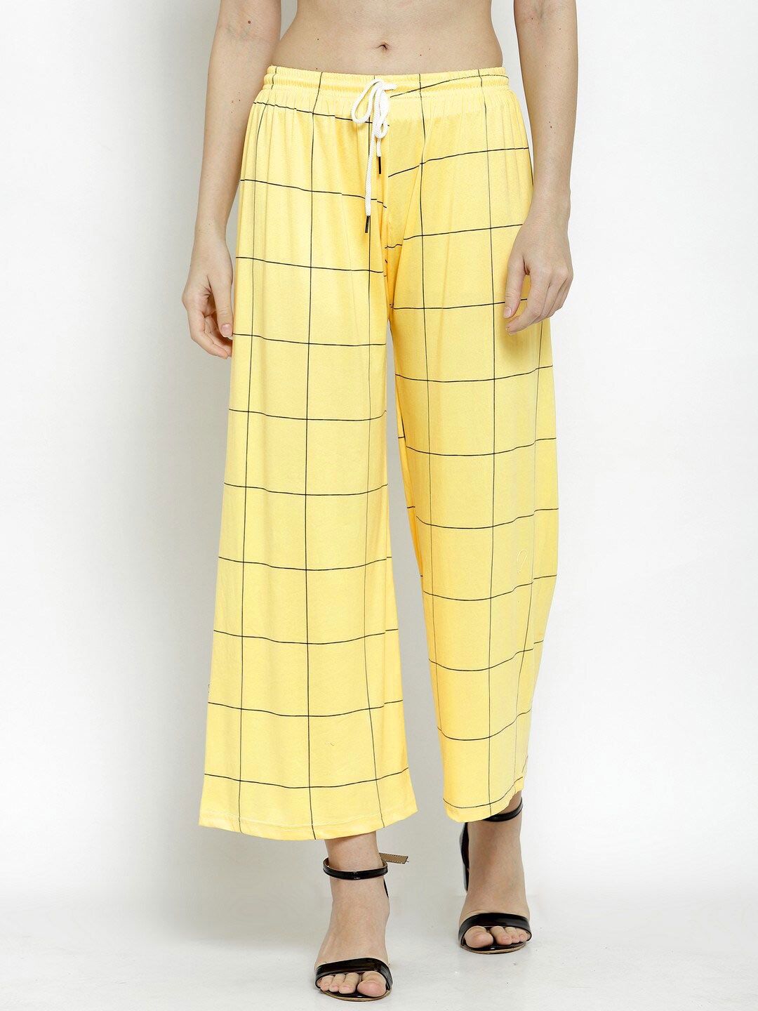 

KLOTTHE Women Yellow & Black Checked Printed Wide Leg Palazzos