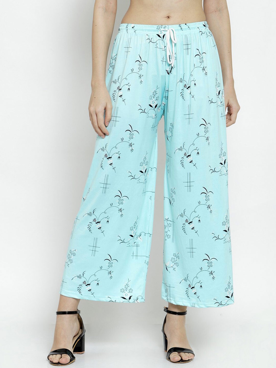 

KLOTTHE Women Turquoise Blue & Black Floral Printed Palazzos