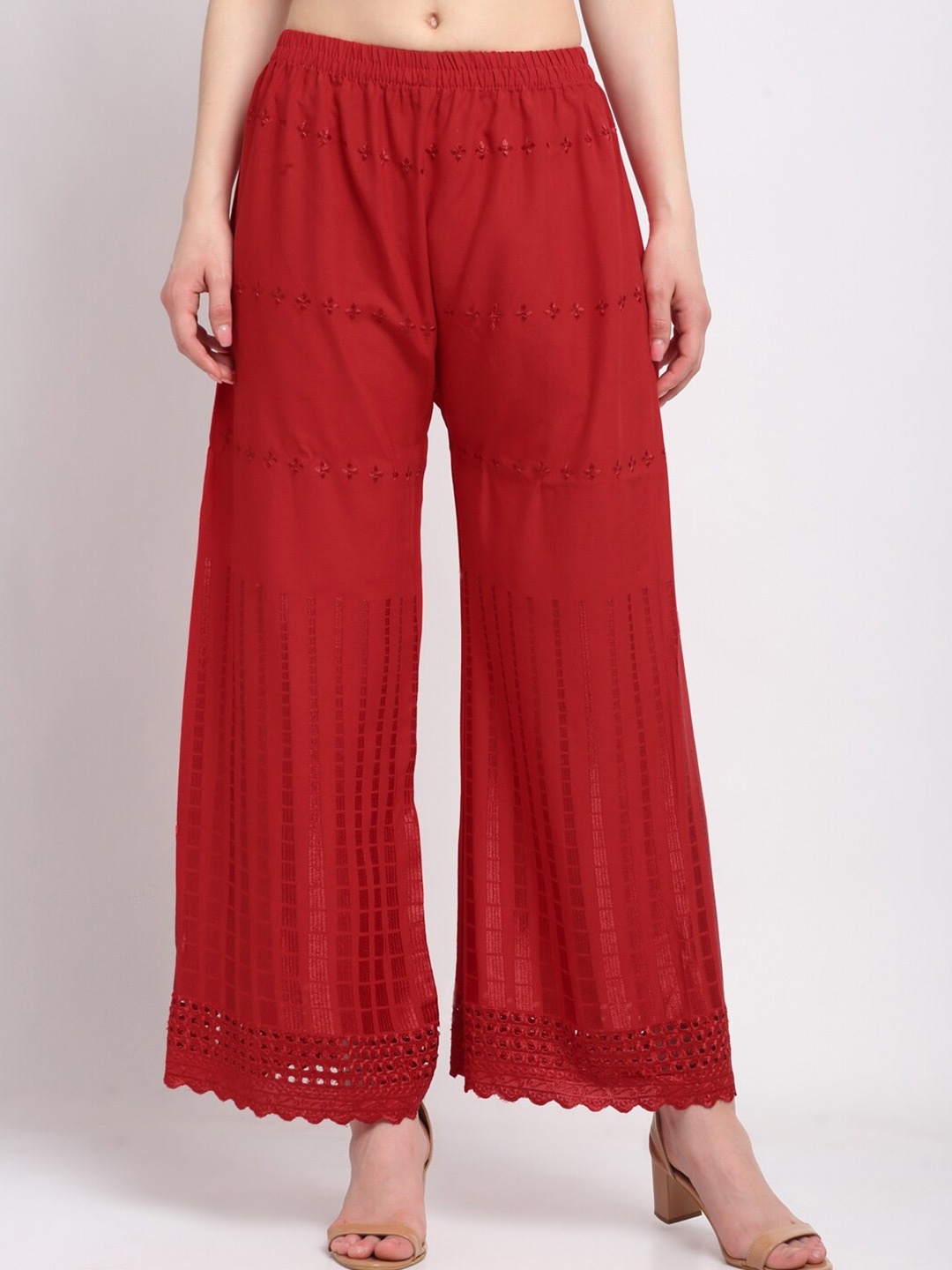 KLOTTHE Women Red Floral Embroidered Palazzos