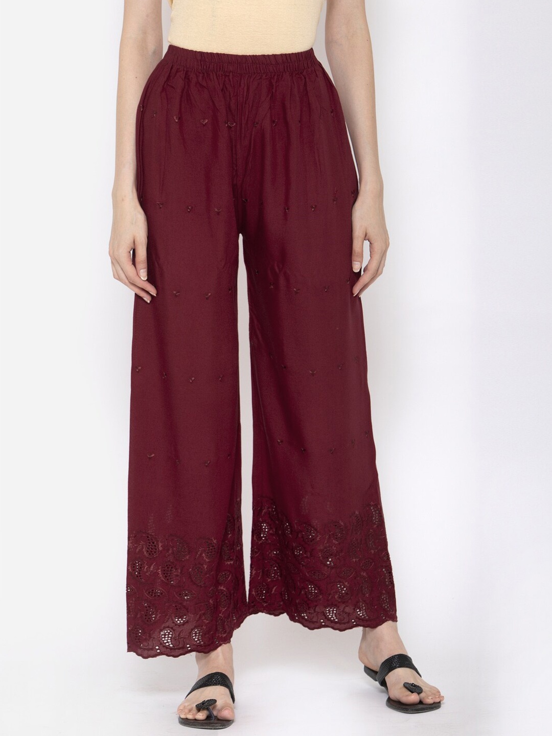 

KLOTTHE Women Maroon Ethnic Motifs Embroidered Palazzos