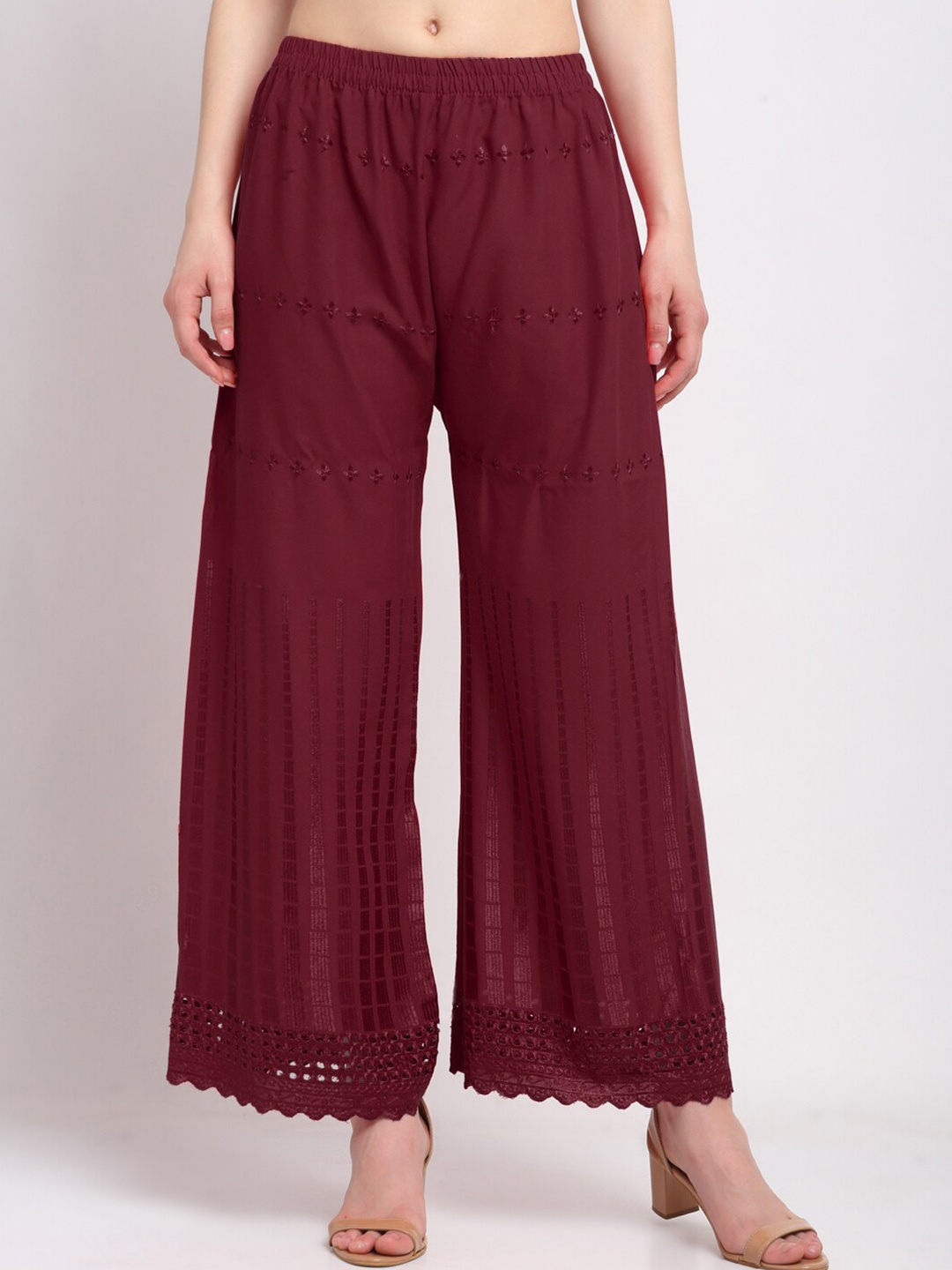 

KLOTTHE Women Maroon Ethnic Motifs Embroidered Wide Leg Palazzos
