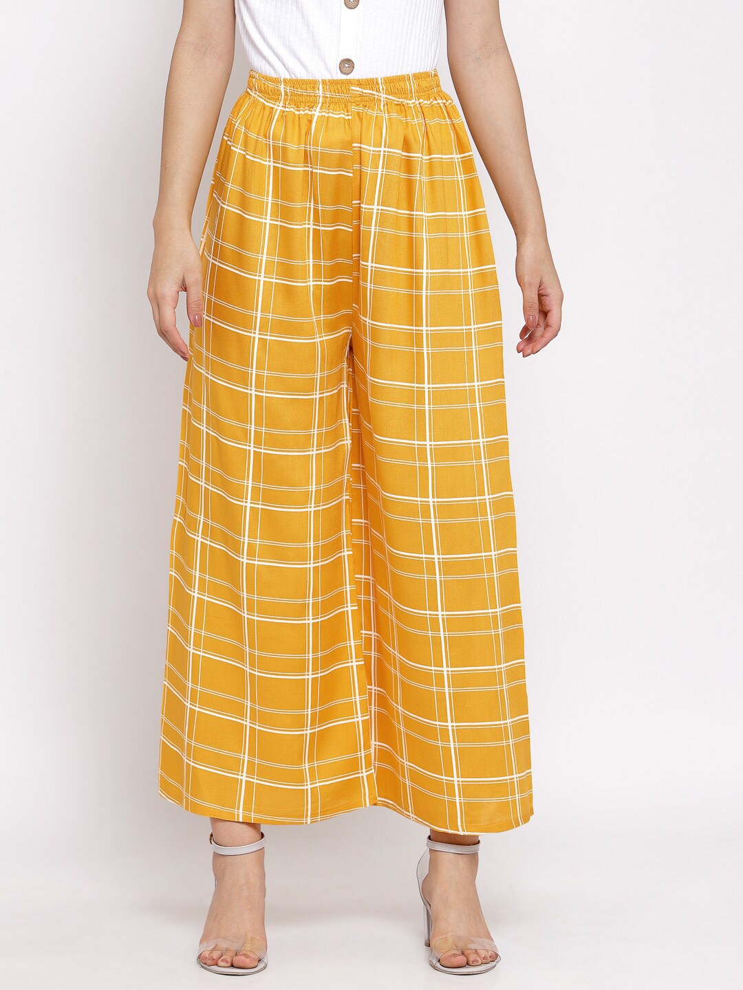 

KLOTTHE Women Yellow & White Checked Wide Leg Palazzos