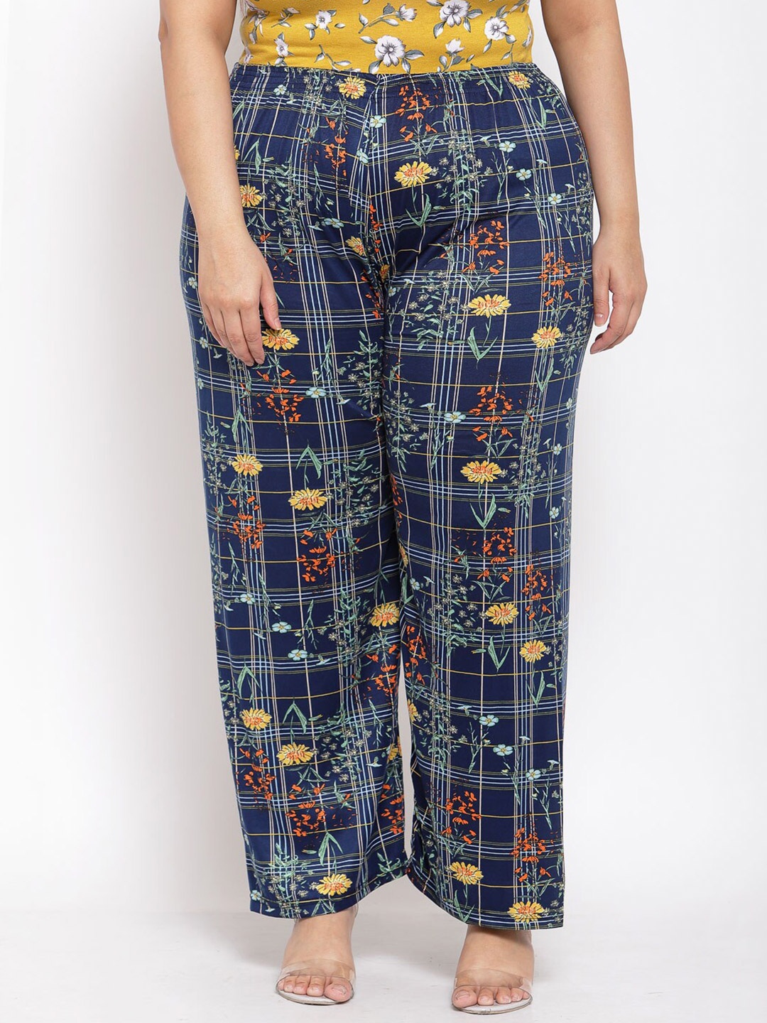 

KLOTTHE Plus Size Women Blue & Yellow Floral Printed Palazzos