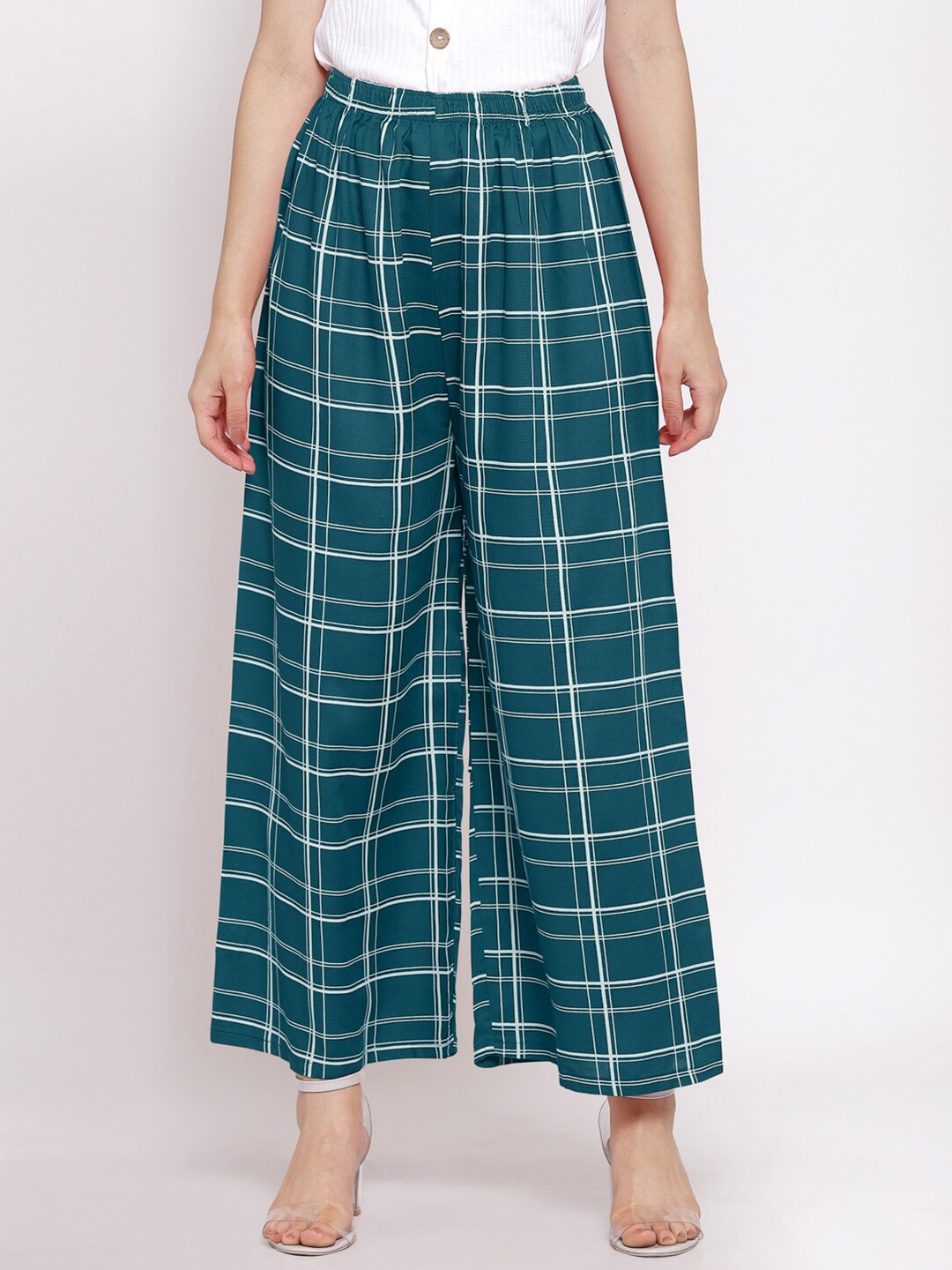 KLOTTHE Women Turquoise Blue & White Checked Palazzos