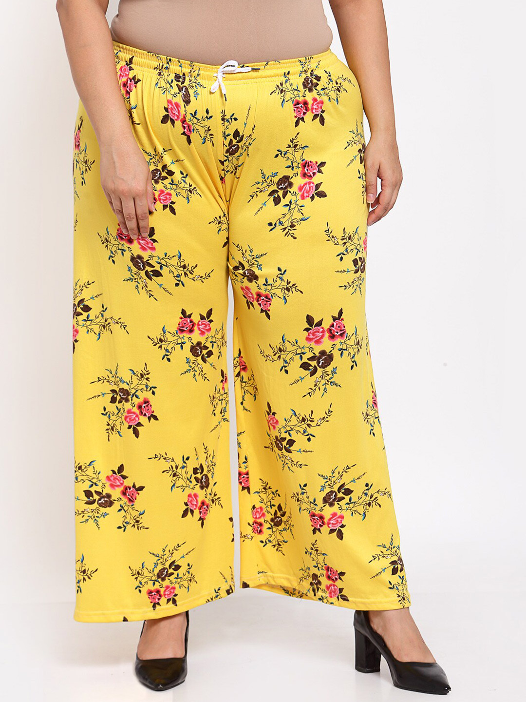 

KLOTTHE Plus Size Women Yellow & Black Floral Printed Palazzos