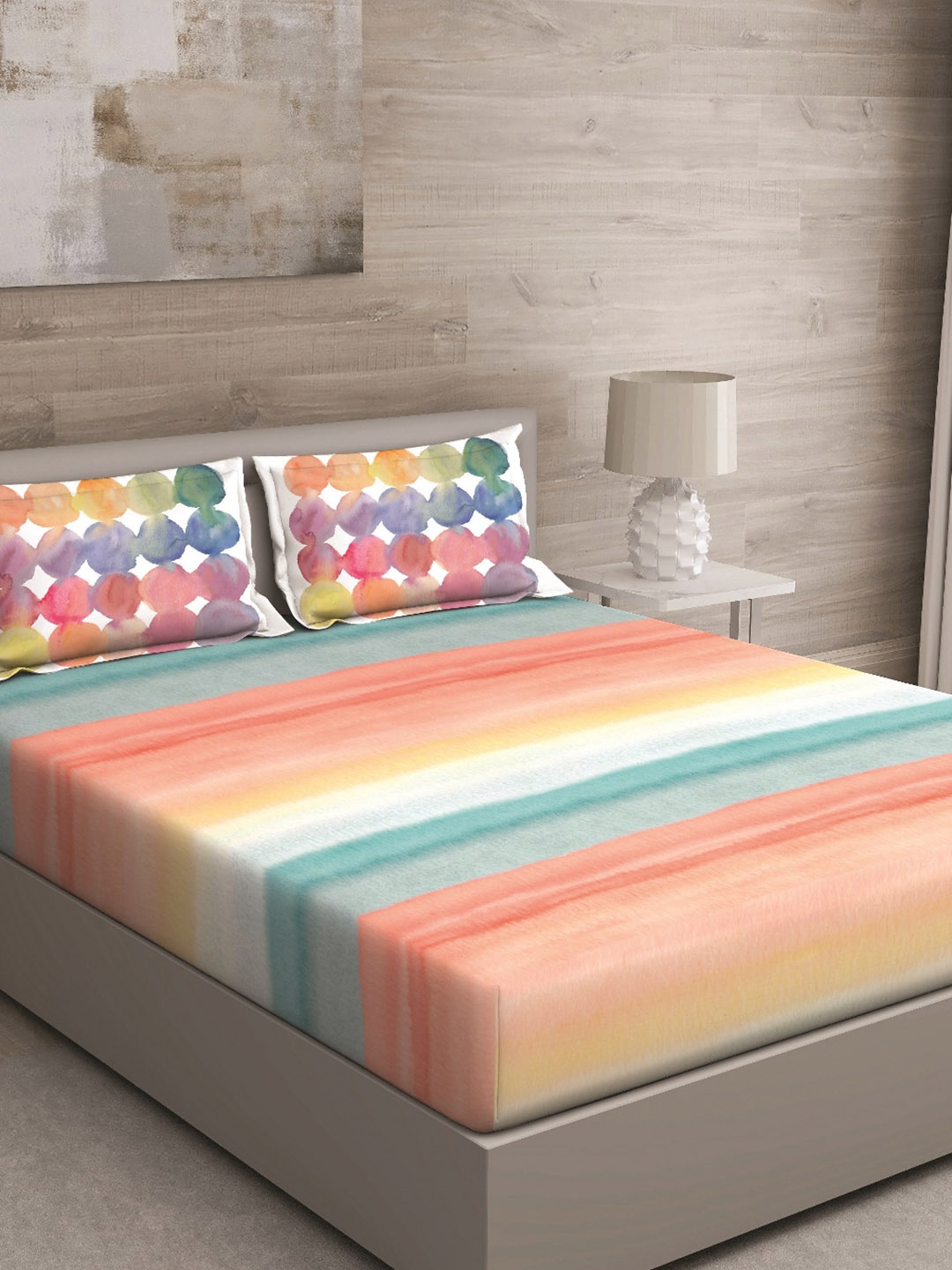 

GM Orange & Sea Green 150 TC Queen Striped Cotton Bedsheet with 2 Pillow Covers