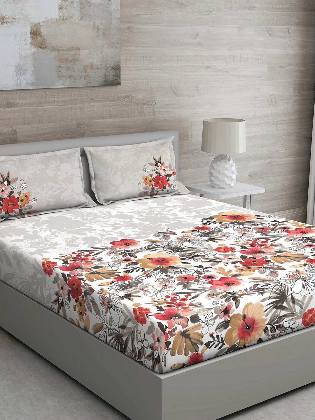

GM Grey & Red Floral 150 TC Queen Bedsheet with 2 Pillow Covers
