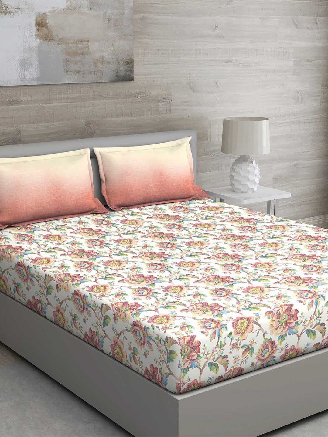 

GM Peach-Coloured & Green 150 TC Queen Floral Cotton Bedsheet with 2 Pillow Covers