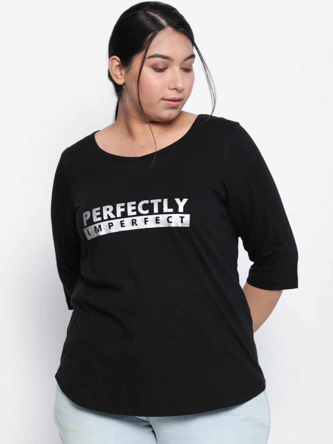 

Amydus Plus Size Women Plus Size Black Typography Printed T-shirt
