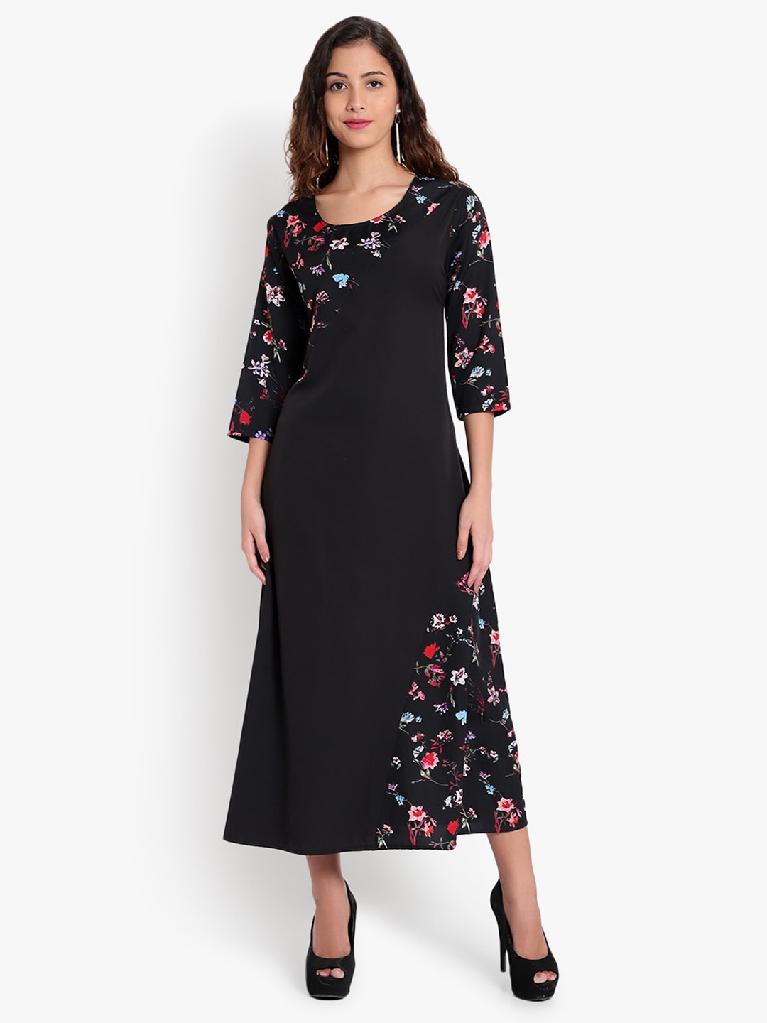 Indietoga Women Plus Size Black & Red Floral Printed Long Maxi Dress