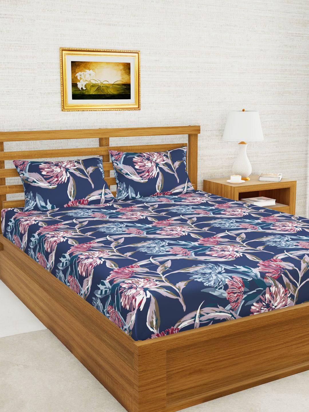 

BIANCA Navy Blue & Pink Floral 160 TC Queen Bedsheet with 2 Pillow Covers