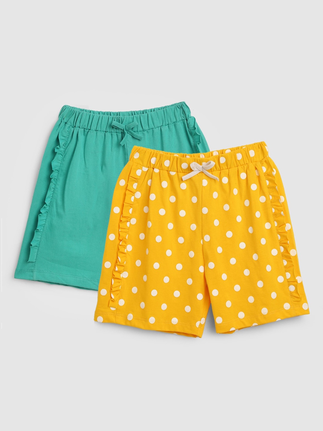 

YK Girls Pack Of 2 Green & Yellow Printed Cotton Regular Shorts