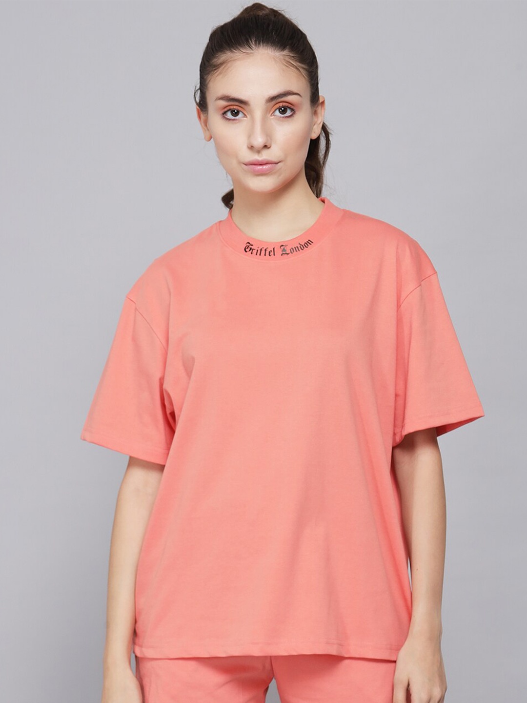 

GRIFFEL Women Peach-Coloured Drop-Shoulder Sleeves Oversized T-shirt