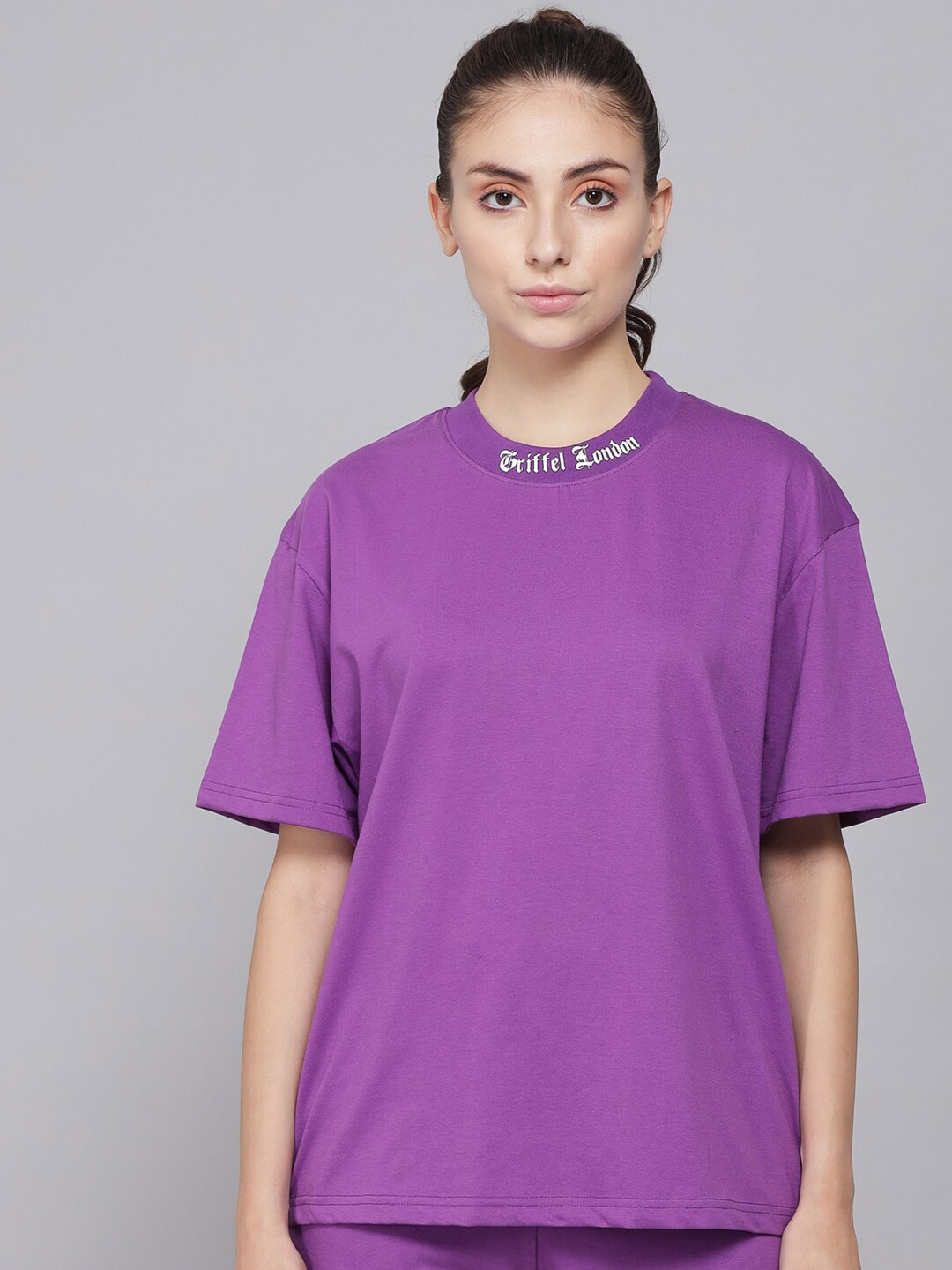 

GRIFFEL Women Purple Solid Cotton Oversized T-shirt