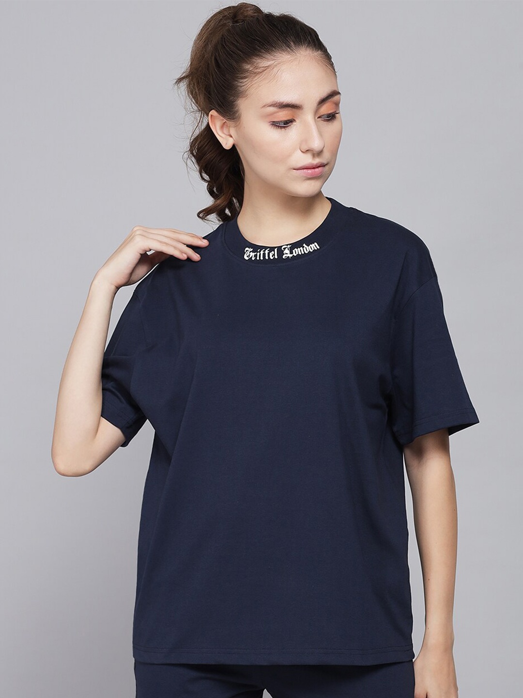 

GRIFFEL Women Navy Blue Drop-Shoulder Sleeves Oversized T-shirt