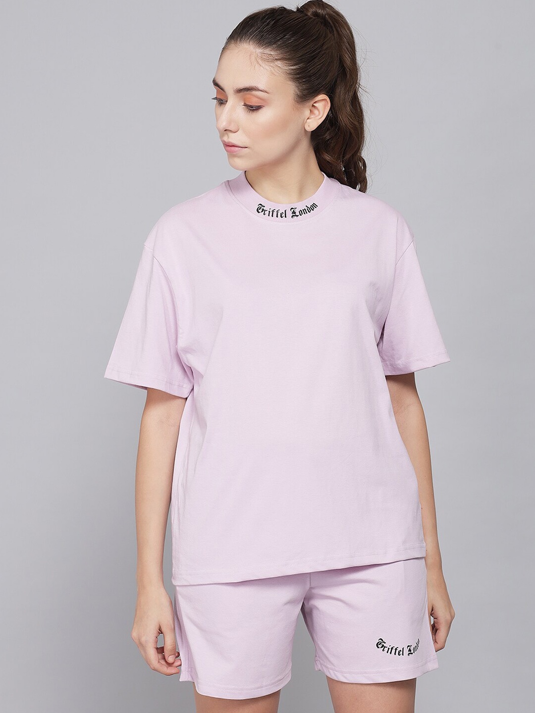 

GRIFFEL Women Lavender Solid Round Neck Short Sleeves Pure Cotton T-shirt with Shorts