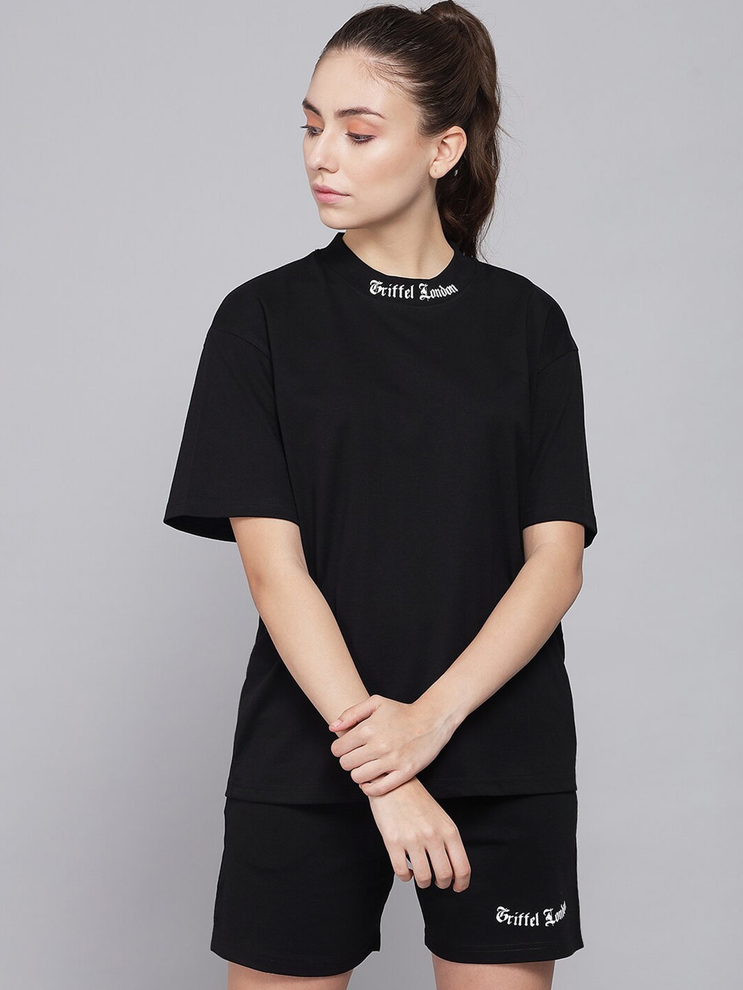 

GRIFFEL Women Black & White T-shirt with Shorts