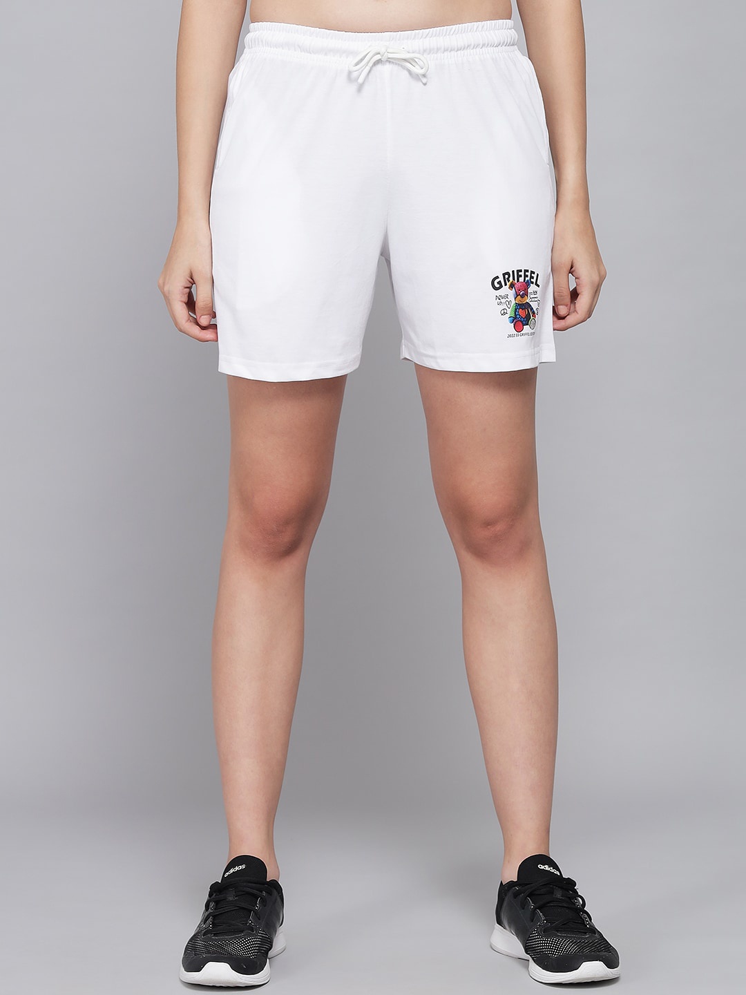 

GRIFFEL Women White Printed Loose Fit Cotton Sports Shorts