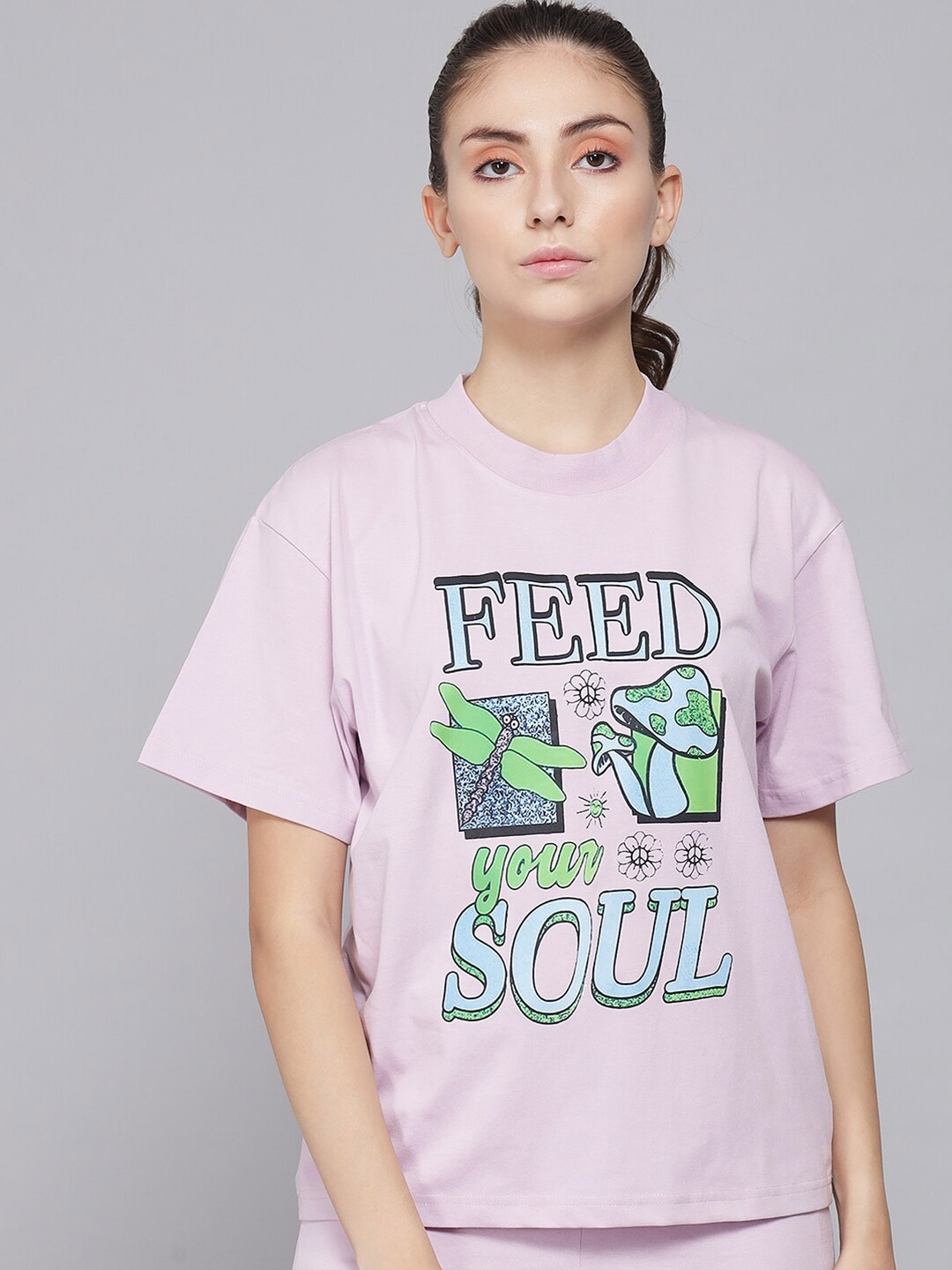 GRIFFEL Women Lavender Printed Drop-Shoulder Sleeves Oversized T-shirt