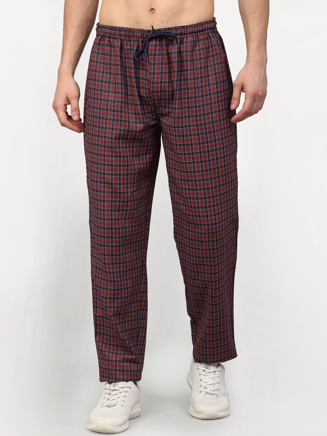 

JAINISH Men Maroon Checked Pure Cotton Slim-Fit Track Pants