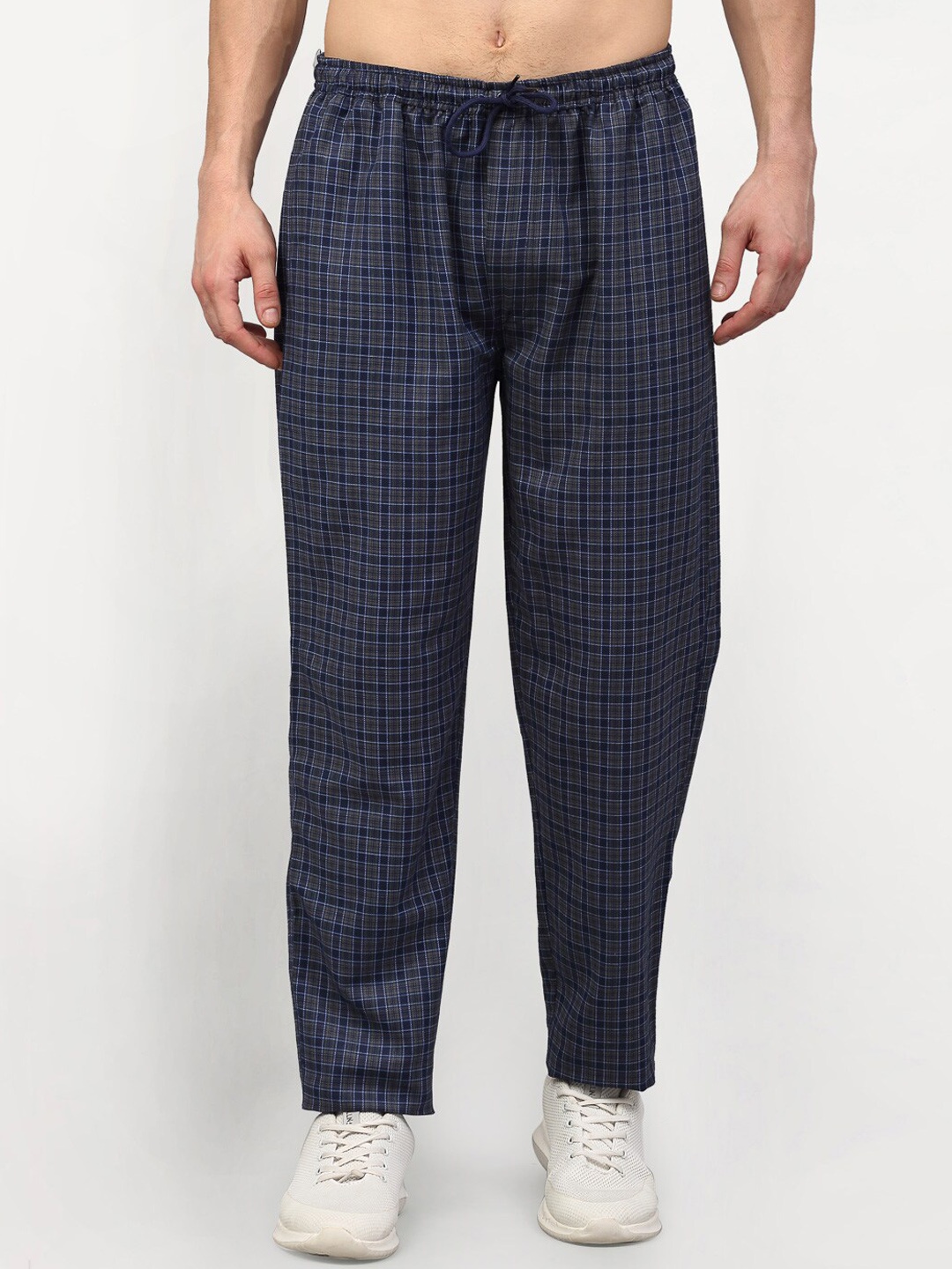 

JAINISH Men Navy Blue & Grey Checked Slim Fit Pure Cotton Track Pants