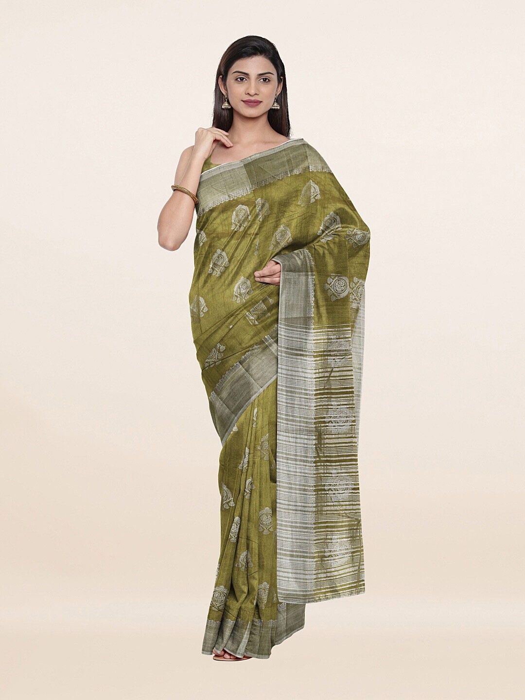 

Pothys Olive Green & Silver-Toned Ethnic Motifs Zari Jute Silk Saree