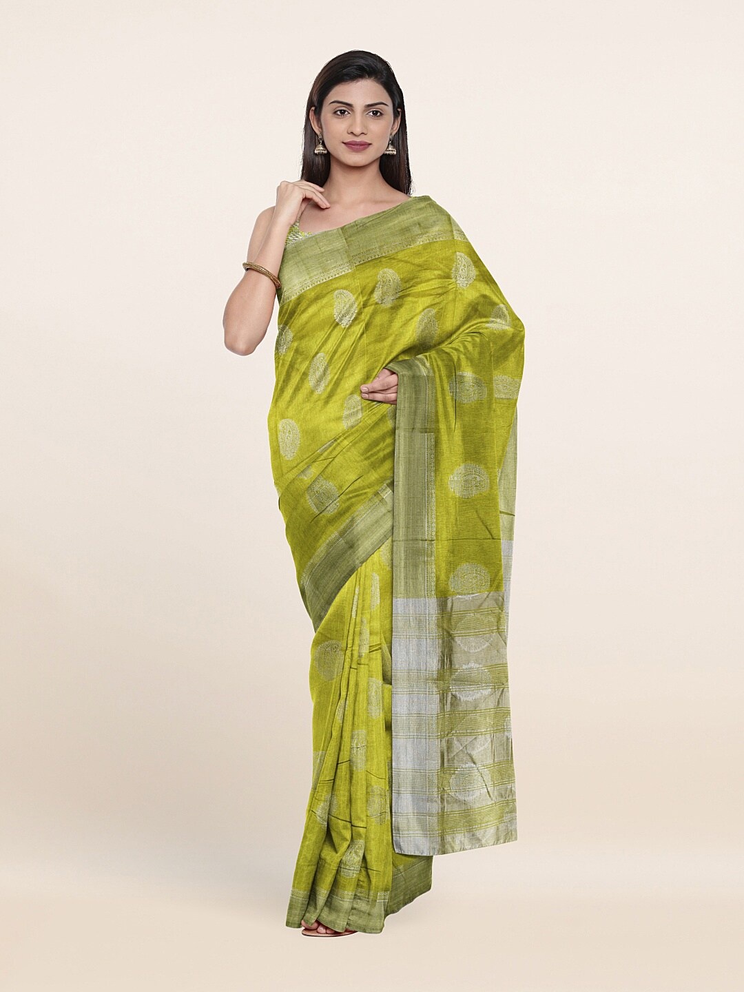 

Pothys Olive Green & Silver Ethnic Motifs Zari Jute Silk Saree