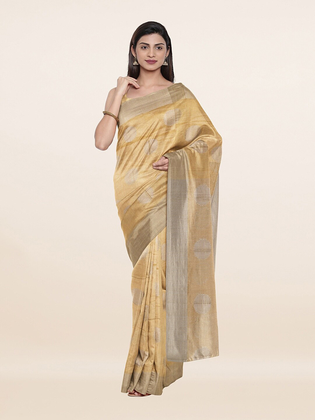 

Pothys Cream-Coloured & Golden Ethnic Motifs Zari Jute Silk Saree