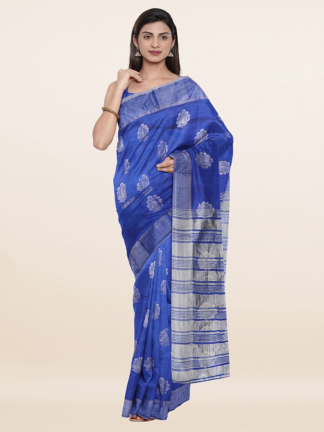 

Pothys Blue & Silver-Toned Woven Design Zari Jute Silk Saree