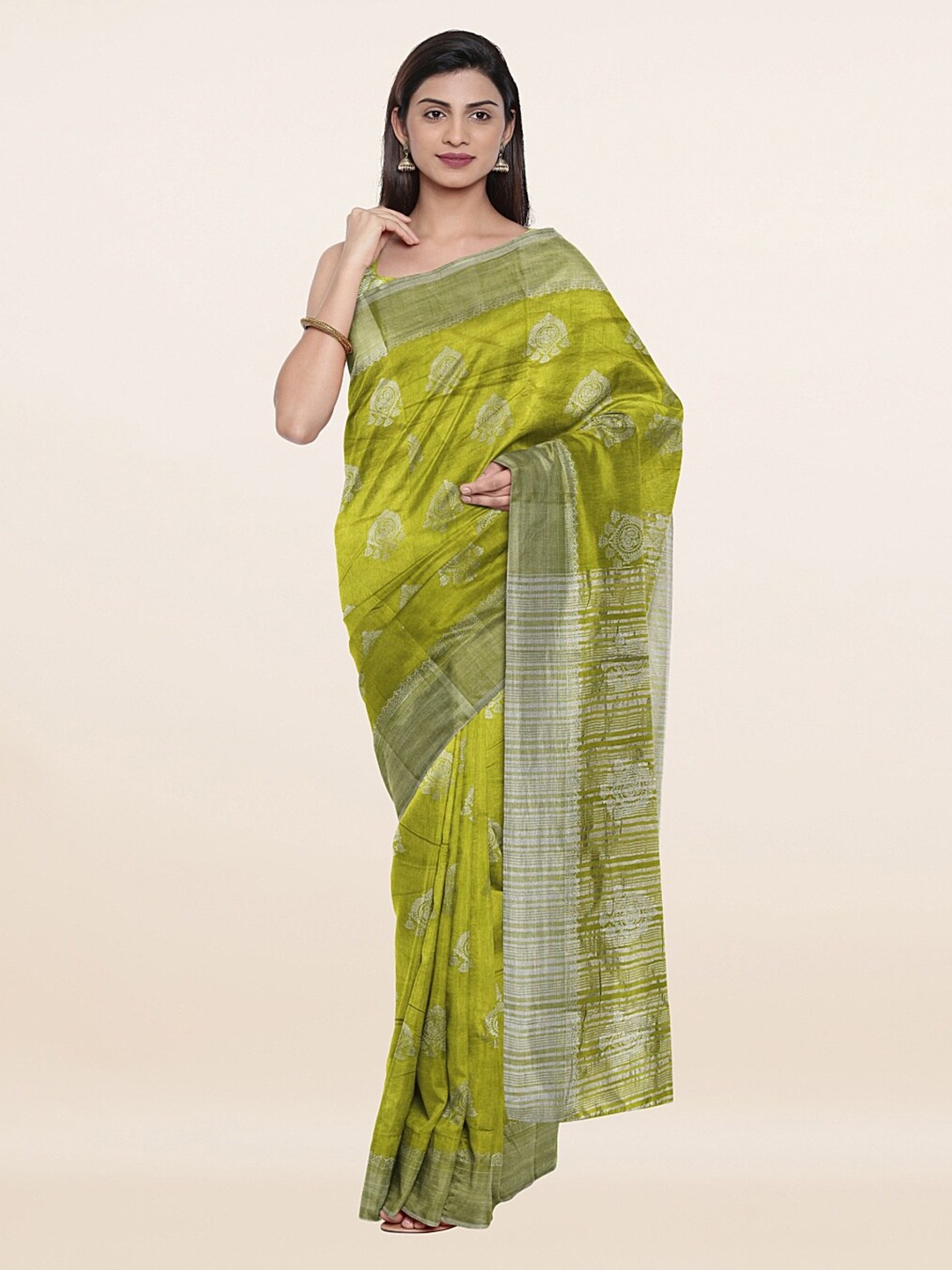

Pothys Green & Silver-Toned Woven Design Zari Jute Silk Saree