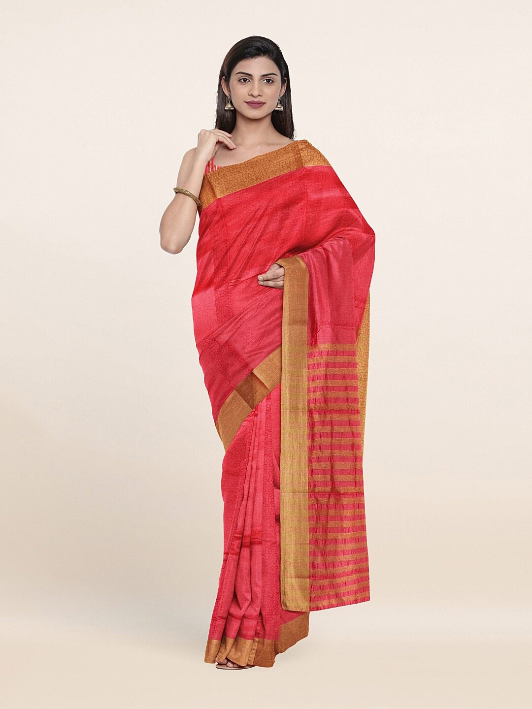 

Pothys Pink & Gold-Toned Woven Design Cotton Blend Zari Saree