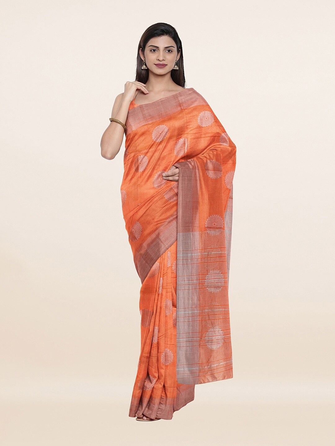 

Pothys Peach-Coloured & Silver-Toned Woven Design Zari Jute Silk Saree