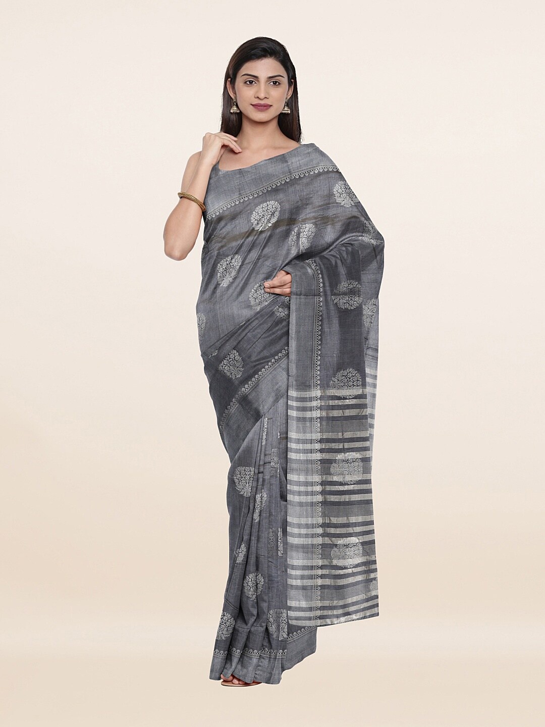 

Pothys Grey & Silver-Toned Ethnic Motifs Zari Jute Silk Saree