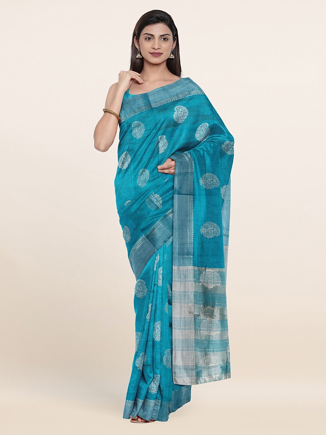 

Pothys Blue & Silver-Toned Woven Design Zari Jute Silk Saree