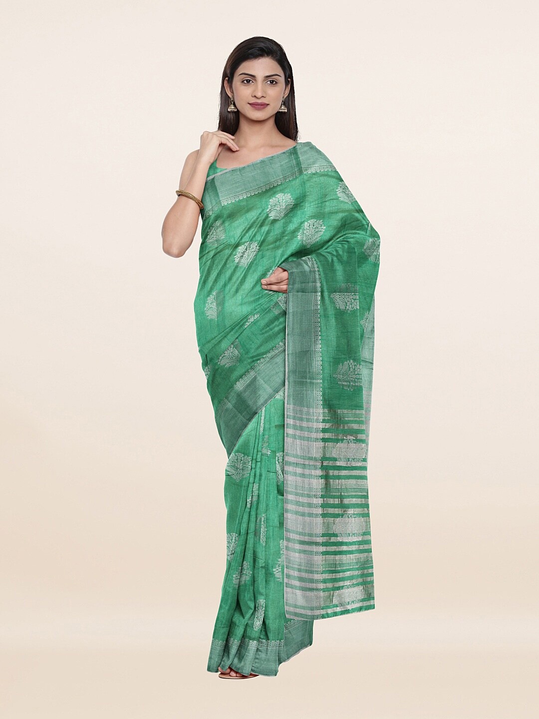 

Pothys Green & Silver-Toned Woven Design Zari Jute Silk Saree