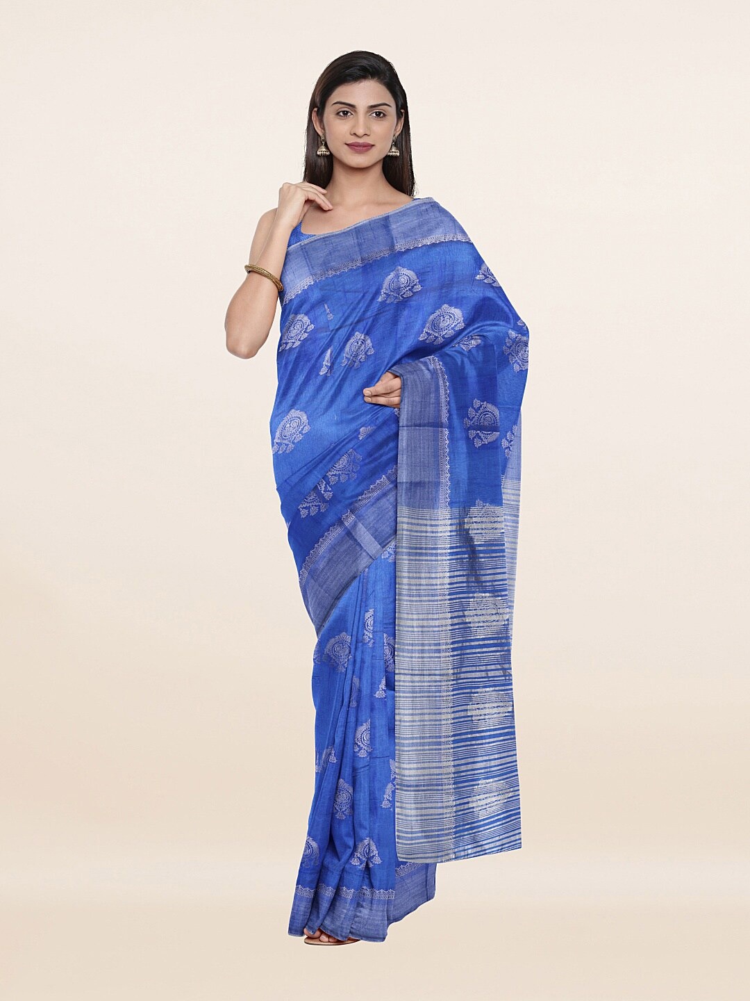 

Pothys Blue & Silver-Toned Woven Design Zari Jute Silk Saree