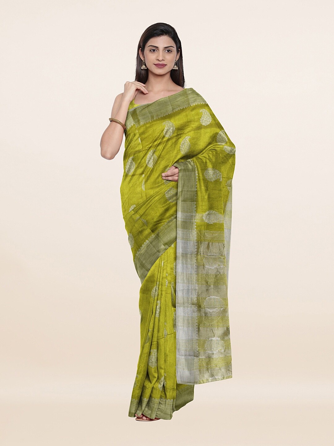 

Pothys Green & Silver-Toned Woven Design Zari Jute Silk Saree