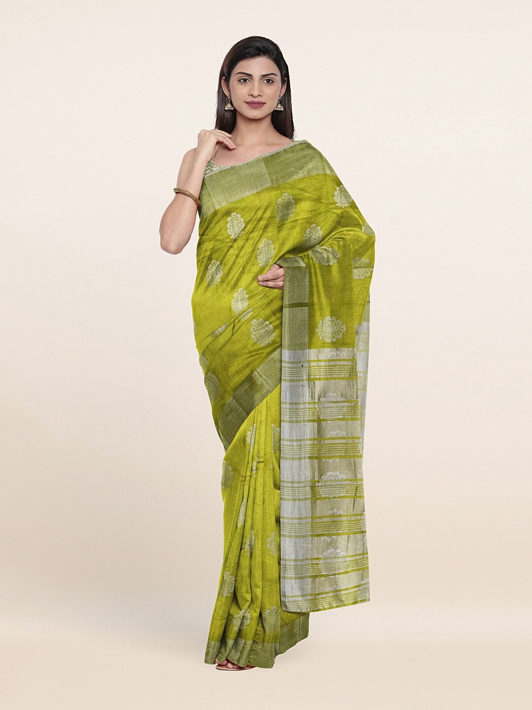 

Pothys Green & Silver-Toned Woven Design Zari Jute Silk Saree